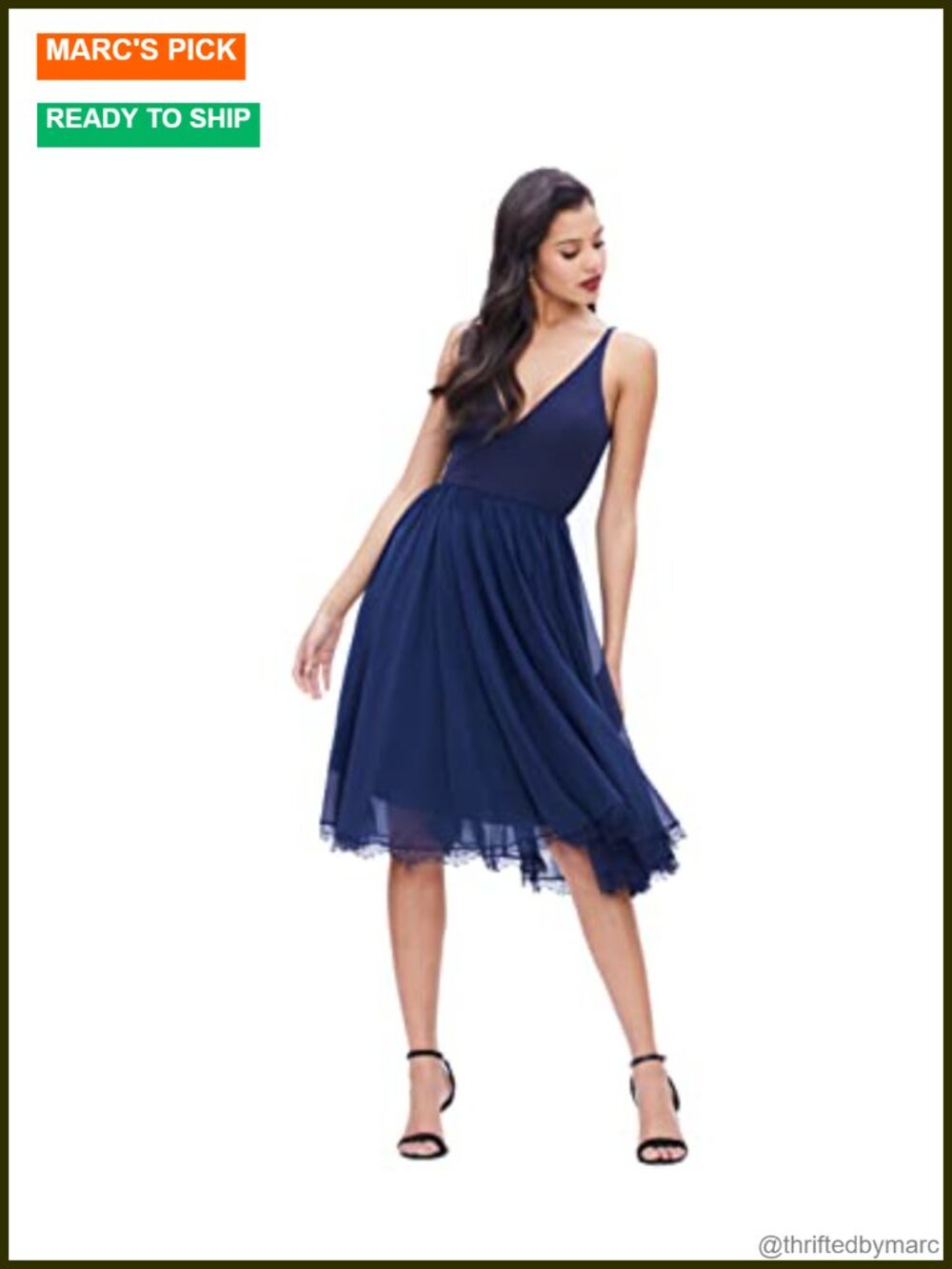 Plunging V-Neck Fit and Flare Midi Dress Chiffon Lace Trim Sleeveless
